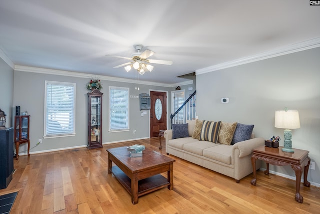 111 Double Branch Ct, West Columbia, SC 29169 - living room featuring a ceiling fan, light wood-type flooring, stairway, and ornamental molding