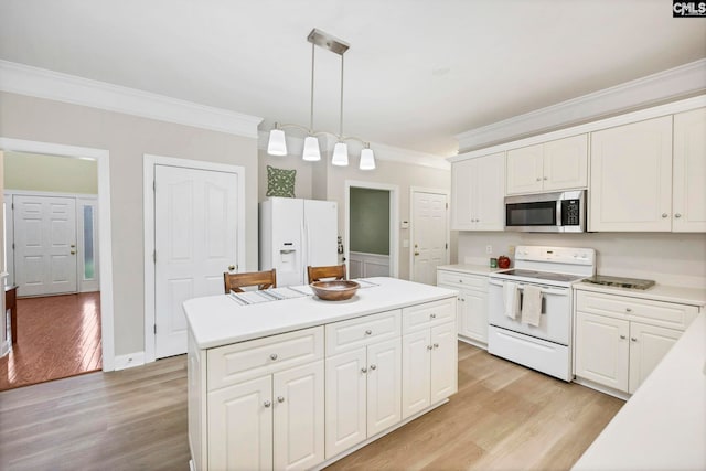 113 Chalfont Ln, Columbia, SC 29229 - kitchen with white appliances, ornamental molding, light countertops, light wood-style flooring, and white cabinets