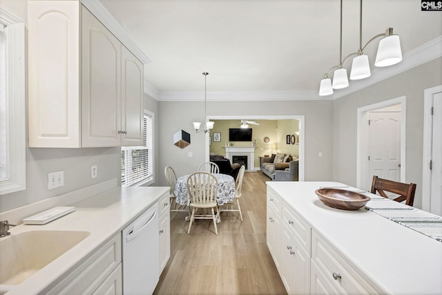 113 Chalfont Ln, Columbia, SC 29229 - kitchen with dishwasher, light wood-type flooring, a fireplace, ornamental molding, and light countertops