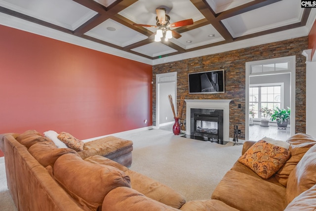340 Heritage Forest Dr, Blythewood, SC 29045 - carpeted living room with beamed ceiling, a ceiling fan, a fireplace with flush hearth, coffered ceiling, and ornamental molding