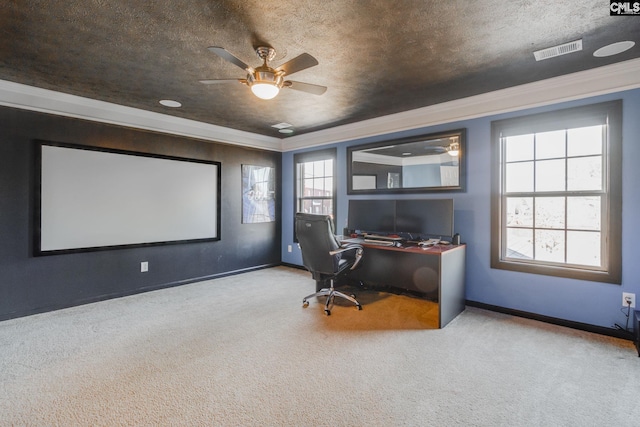340 Heritage Forest Dr, Blythewood, SC 29045 - carpeted office with crown molding, a ceiling fan, and a textured ceiling