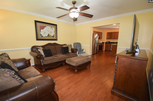 458 Laurel Mist Ln, West Columbia, SC 29170 - living room with a ceiling fan, ornamental molding, and dark wood-style flooring
