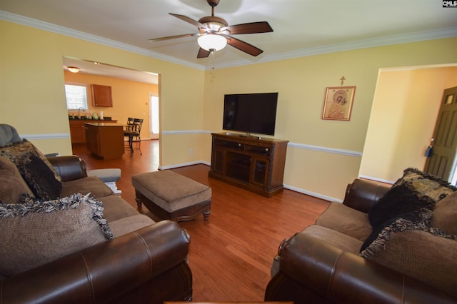 458 Laurel Mist Ln, West Columbia, SC 29170 - living room with a ceiling fan, wood finished floors, and crown molding