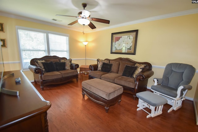 458 Laurel Mist Ln, West Columbia, SC 29170 - living room with a ceiling fan, wood finished floors, and ornamental molding