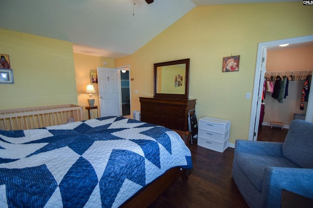 458 Laurel Mist Ln, West Columbia, SC 29170 - bedroom with wood finished floors, a spacious closet, vaulted ceiling, a closet, and a ceiling fan