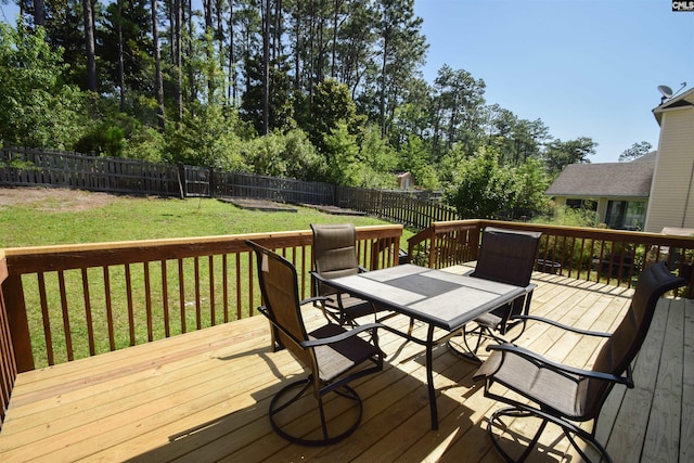 458 Laurel Mist Ln, West Columbia, SC 29170 - wooden terrace featuring outdoor dining area, a fenced backyard, and view of scattered trees