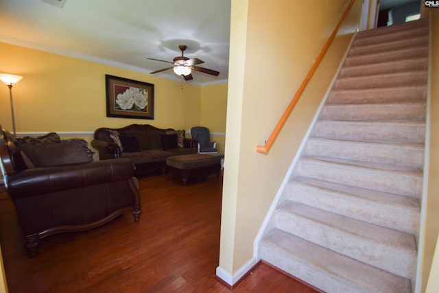 458 Laurel Mist Ln, West Columbia, SC 29170 - living area with wood finished floors, stairway, a ceiling fan, and crown molding