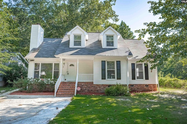 2 Westpine Ct, Columbia, SC 29212 - cape cod house with covered porch, a front lawn, crawl space, a chimney, and a shingled roof