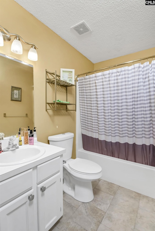 4 Rosepine Dr, Columbia, SC 29223 - bathroom with vanity, shower / bath combo, a textured ceiling, and lofted ceiling