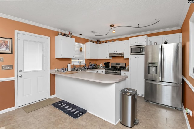 4 Rosepine Dr, Columbia, SC 29223 - kitchen with stainless steel appliances, a peninsula, light countertops, under cabinet range hood, and white cabinetry