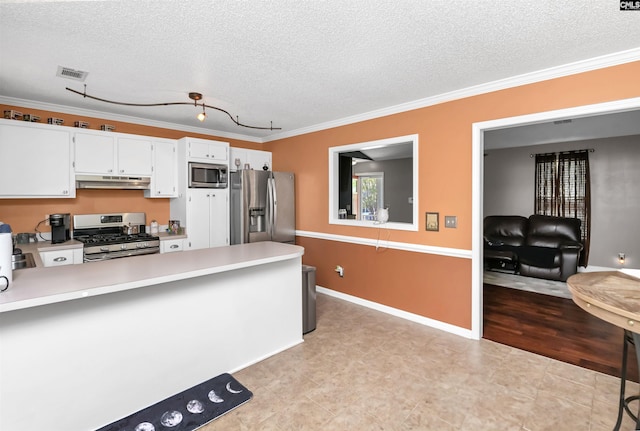 4 Rosepine Dr, Columbia, SC 29223 - kitchen with appliances with stainless steel finishes, light countertops, a textured ceiling, under cabinet range hood, and crown molding