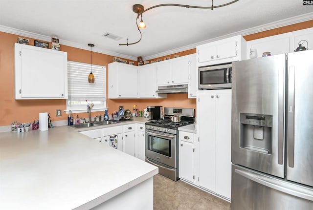 4 Rosepine Dr, Columbia, SC 29223 - kitchen with stainless steel appliances, light countertops, under cabinet range hood, crown molding, and white cabinets