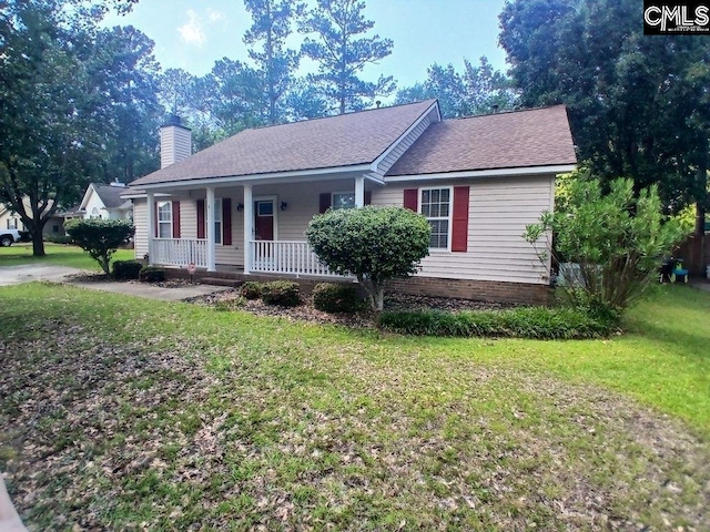 4 Rosepine Dr, Columbia, SC 29223 - ranch-style home with a porch, a front yard, a chimney, and a shingled roof