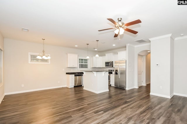 779 Dawsons Park Way, Lexington, SC 29072 - kitchen with appliances with stainless steel finishes, arched walkways, ceiling fan, a kitchen bar, and open floor plan