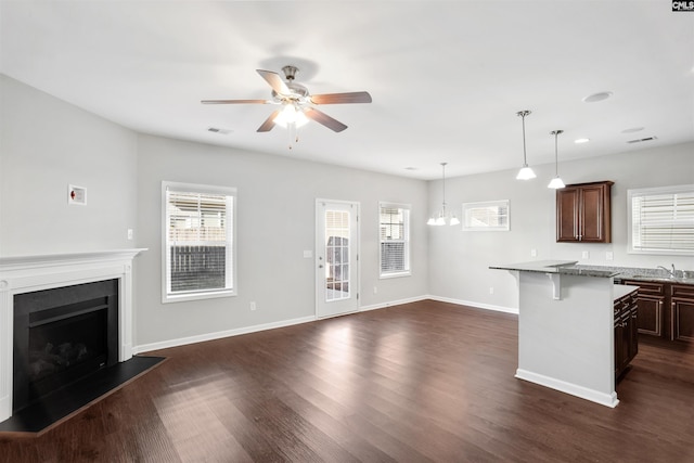 756 Dawsons Park Way, Lexington, SC 29072 - kitchen with a kitchen bar, ceiling fan, healthy amount of natural light, dark wood-type flooring, and recessed lighting