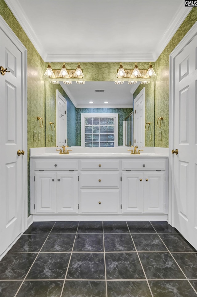 256 Sheringham Rd, Columbia, SC 29212 - full bath with wallpapered walls, double vanity, ornamental molding, and tile patterned flooring