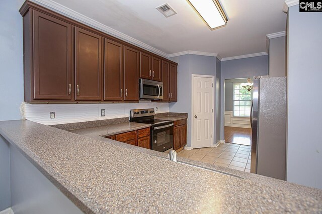 418 Abbeydale Way, Columbia, SC 29229 - kitchen featuring appliances with stainless steel finishes, light tile patterned flooring, ornamental molding, and dark brown cabinets