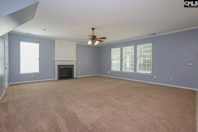 418 Abbeydale Way, Columbia, SC 29229 - unfurnished living room featuring ornamental molding, ceiling fan, light carpet, and a fireplace