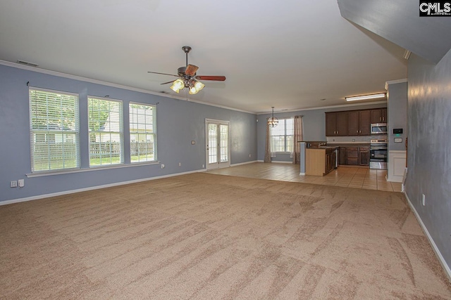418 Abbeydale Way, Columbia, SC 29229 - unfurnished living room featuring crown molding, light carpet, a ceiling fan, and a chandelier