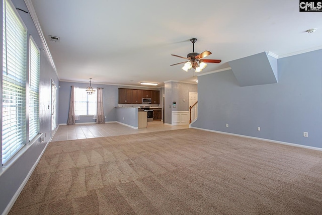 418 Abbeydale Way, Columbia, SC 29229 - unfurnished living room featuring ornamental molding, light carpet, a ceiling fan, a chandelier, and stairway