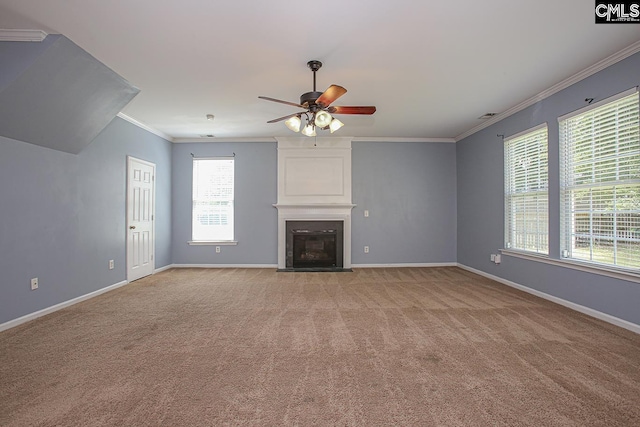 418 Abbeydale Way, Columbia, SC 29229 - unfurnished living room with a ceiling fan, light colored carpet, ornamental molding, and a fireplace