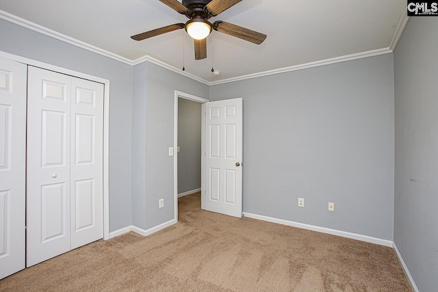 418 Abbeydale Way, Columbia, SC 29229 - unfurnished bedroom featuring carpet flooring, ornamental molding, a closet, and a ceiling fan