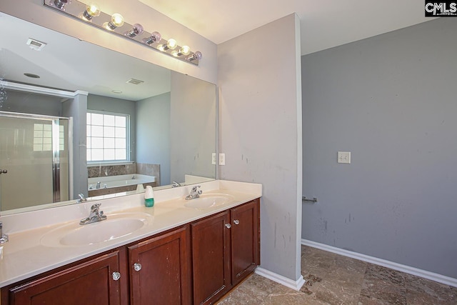418 Abbeydale Way, Columbia, SC 29229 - bathroom featuring a garden tub, double vanity, and a shower stall
