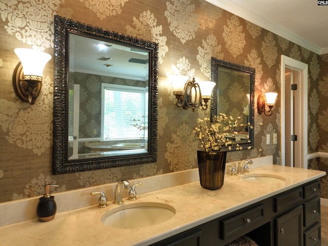 200 Weeping Cherry Ln, Columbia, SC 29212 - full bathroom with wallpapered walls, double vanity, and ornamental molding