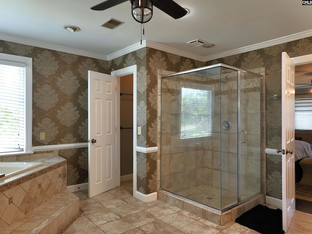 200 Weeping Cherry Ln, Columbia, SC 29212 - full bath featuring a ceiling fan, a bath, a stall shower, wallpapered walls, and ornamental molding