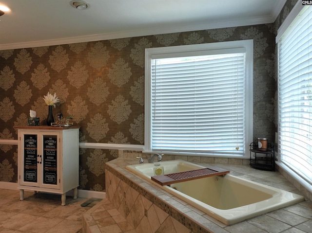 200 Weeping Cherry Ln, Columbia, SC 29212 - full bath with wallpapered walls, plenty of natural light, crown molding, a bath, and tile patterned floors