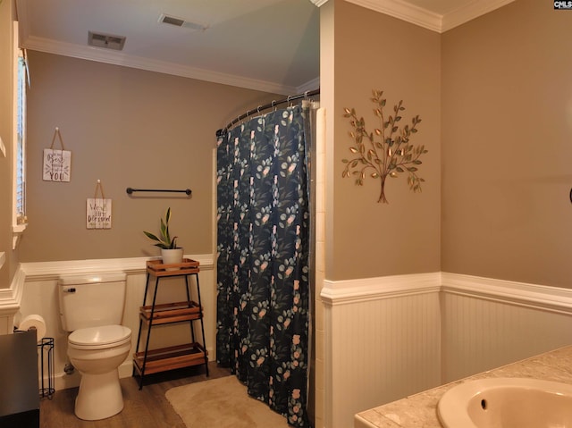 200 Weeping Cherry Ln, Columbia, SC 29212 - bathroom with wainscoting, vanity, wood finished floors, crown molding, and a shower with shower curtain