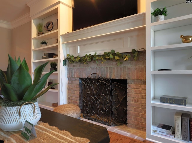 200 Weeping Cherry Ln, Columbia, SC 29212 - living area with a fireplace, crown molding, built in shelves, and wood finished floors