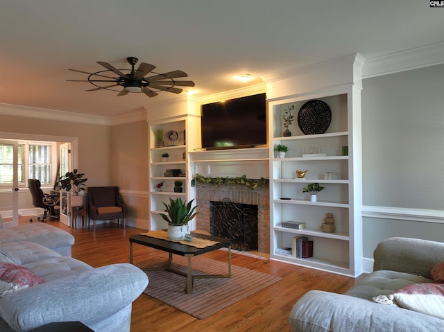 200 Weeping Cherry Ln, Columbia, SC 29212 - living room featuring ornamental molding, a fireplace, wood finished floors, and ceiling fan