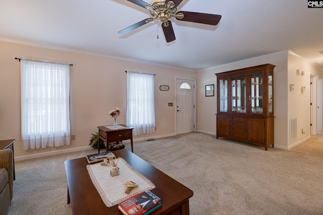 122 Halling Dr, Columbia, SC 29229 - living room with light carpet, ornamental molding, and a ceiling fan