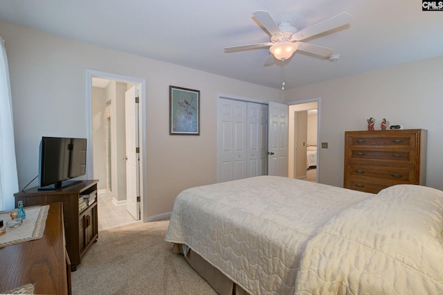122 Halling Dr, Columbia, SC 29229 - bedroom featuring light colored carpet, a closet, ensuite bathroom, and ceiling fan
