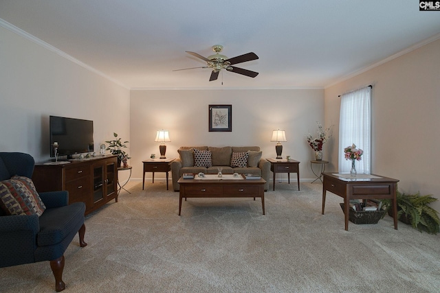 122 Halling Dr, Columbia, SC 29229 - living room featuring crown molding, a ceiling fan, and light carpet