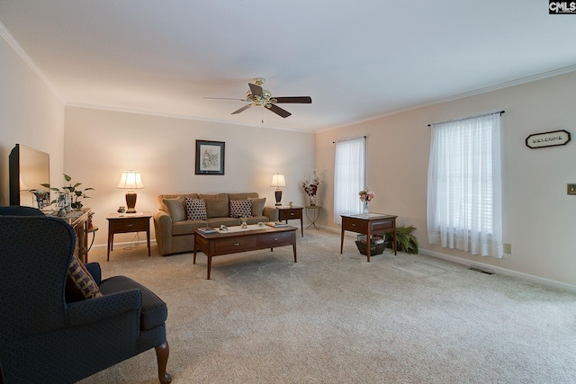 122 Halling Dr, Columbia, SC 29229 - living room featuring ornamental molding, a ceiling fan, and light colored carpet