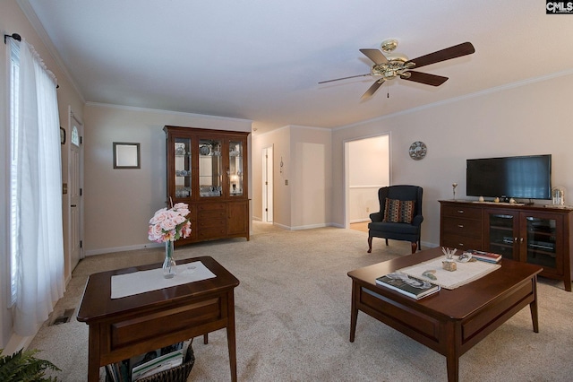 122 Halling Dr, Columbia, SC 29229 - living area with light carpet, ceiling fan, and ornamental molding