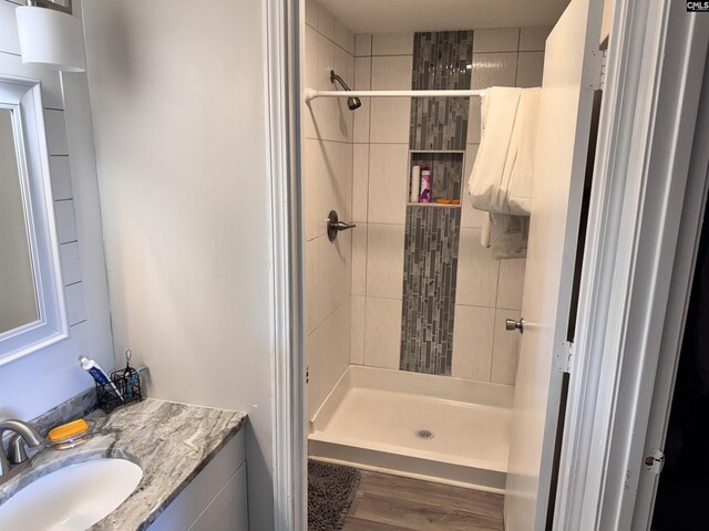 407 N Donar Dr, Columbia, SC 29229 - bathroom featuring vanity, a stall shower, and wood finished floors