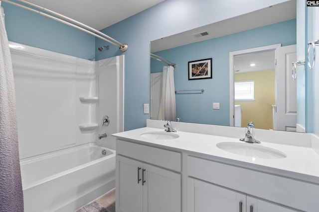 1420 Fair Forest Ln, Chapin, SC 29036 - bathroom with shower / bathtub combination with curtain, double vanity, and wood finished floors