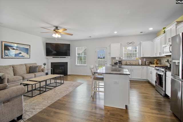 1420 Fair Forest Ln, Chapin, SC 29036 - kitchen with appliances with stainless steel finishes, open floor plan, a kitchen breakfast bar, a kitchen island, and recessed lighting
