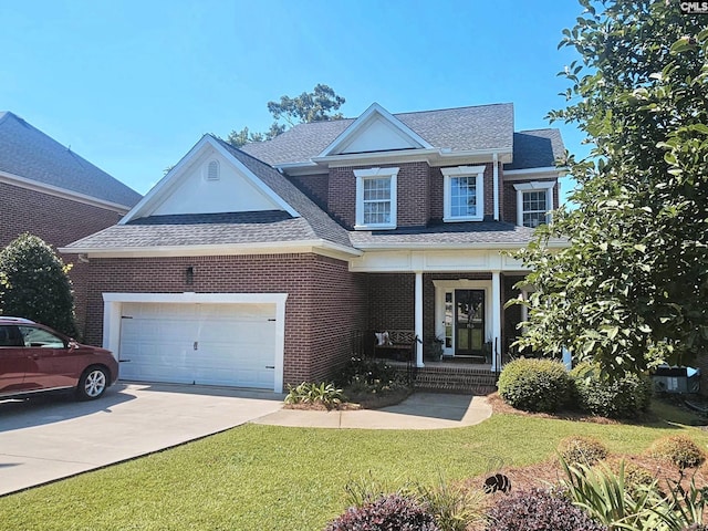 115 Lake Hilton Dr, Chapin, SC 29036 - traditional-style home with driveway, a porch, roof with shingles, a front yard, and brick siding