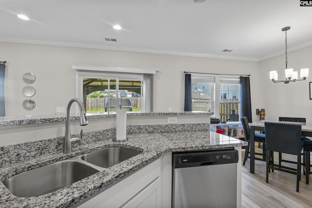 345 Wahoo Cir, Irmo, SC 29063 - kitchen featuring dishwasher, a chandelier, light stone counters, crown molding, and white cabinetry