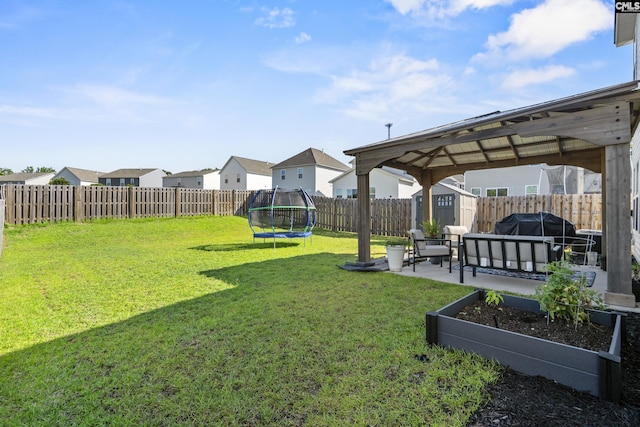 345 Wahoo Cir, Irmo, SC 29063 - fenced backyard featuring a trampoline, a patio area, a shed, and a residential view