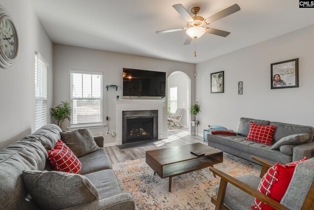 1013 Ashcroft Cir, Columbia, SC 29229 - living area with arched walkways, light wood-style flooring, a ceiling fan, and a fireplace with flush hearth