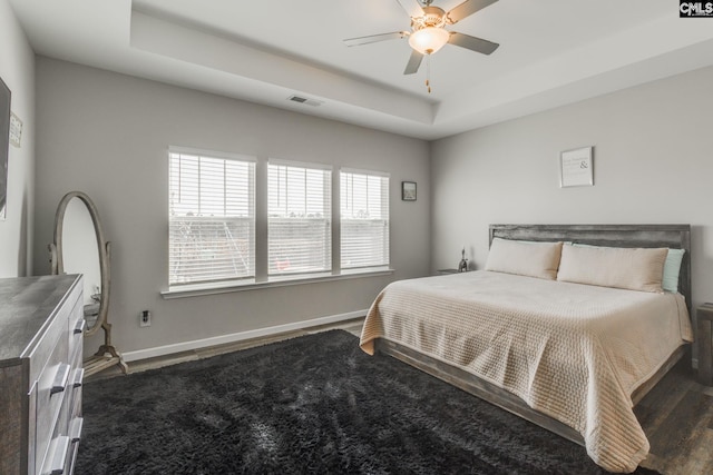 1013 Ashcroft Cir, Columbia, SC 29229 - bedroom with a tray ceiling, dark wood-style floors, and a ceiling fan