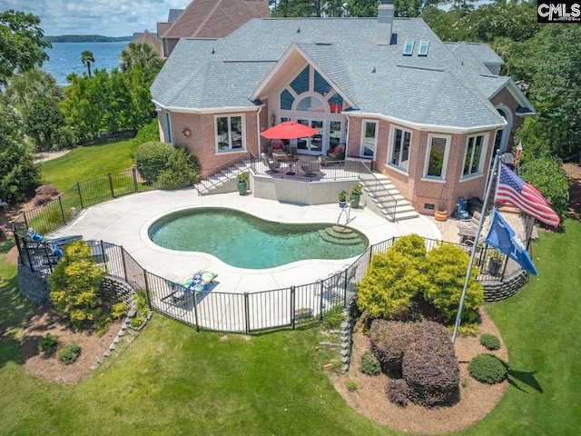 453 Lake Estate Dr, Chapin, SC 29036 - view of pool featuring stairway, a fenced backyard, a patio, and a water view