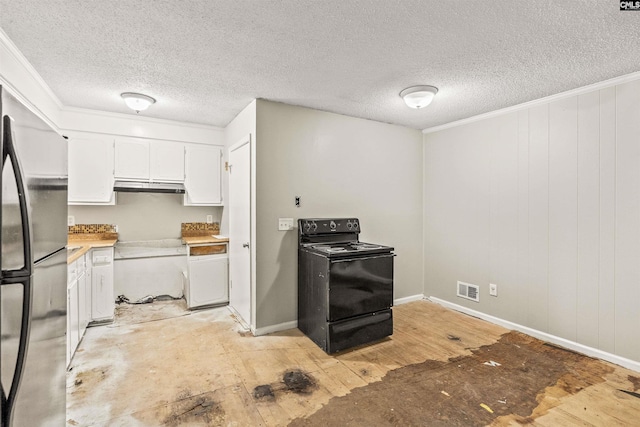 247 Piney Grove Rd, Columbia, SC 29210 - kitchen with black / electric stove, freestanding refrigerator, a textured ceiling, white cabinetry, and light countertops