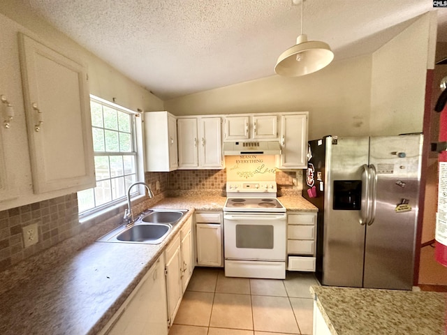 121 Durham Creek Ct, Columbia, SC 29229 - kitchen with stainless steel fridge, white electric range, under cabinet range hood, a textured ceiling, and tasteful backsplash