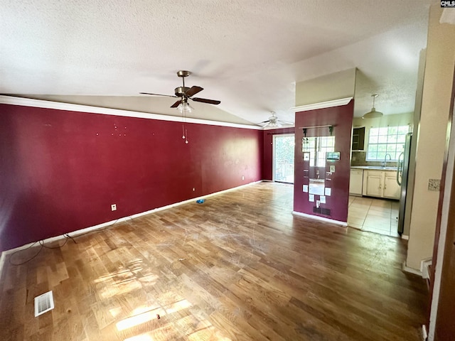 121 Durham Creek Ct, Columbia, SC 29229 - unfurnished living room featuring wood finished floors, lofted ceiling, a ceiling fan, and a textured ceiling
